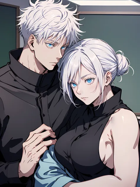 woman, man, female, male, couple, jujutsu kaisen, white hair, hair bun, white eyebrows, white eyelashes, light blue eyes, wearin...