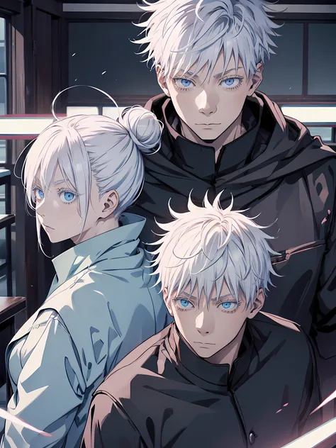 Woman, Man, female, male, couple, jujutsu kaisen, white hair, hair bun, white eyebrows, white eyelashes, light blue eyes, wearing black shirt, black clothing, classroom, high quality, 4k resolution, anime