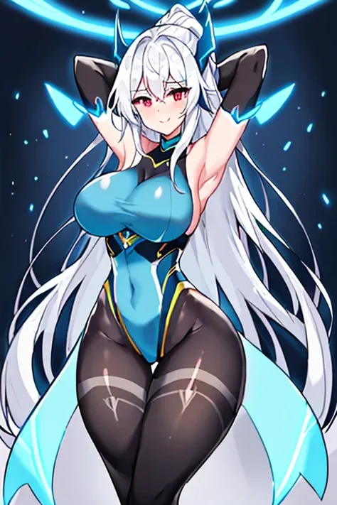 1girl, white hair, large breasts, breasts, thick thighs, wide hips, red eyes, bodysuit, black bodysuit, pantyhose, long hair, light smile, happy, science-fiction, tech, futuristic, black pantyhose, thighhighs, neon, machinery, hair ornament, ornament, neon...