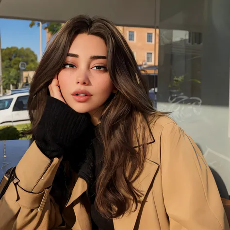 Arafed woman with cheveux longs and a beige coat sitting on a table, cheveux bruns et grands yeux, Julia Sarda, Kailee Mandel, Portrait Sophie Mudd, fille aux cheveux bruns, Madison Beer, longs cheveux bruns fluides, peau olive impeccable, cheveux longs br...