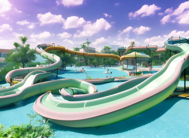 A liminal space waterpark with waterslides and a splash zone in a pastel vaporwave color pallet