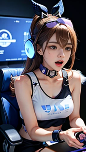 screaming at screan, mad girl, blue eyes, Esport kitty headphones, light brown hair, watching screen, ping tanktop, sitting on gaming chair