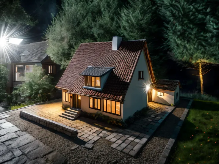 raw photo of year 1955 german medieval mitteldeuschland (8m x 10m) small einfamilienhaus. we see the south side, the backyard an...