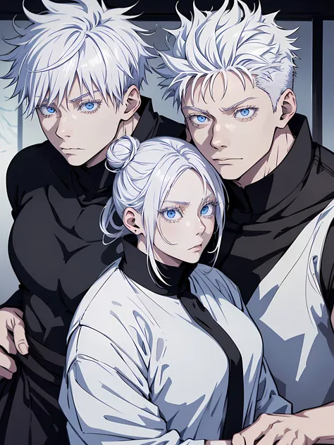 Woman, Man, female, male, couple, jujutsu kaisen, white hair, hair bun, white eyebrows, white eyelashes, light blue eyes, wearing black shirt, black clothing, classroom, high quality, 4k resolution, anime