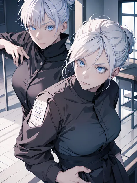 Woman, famale version, female, couple, jujutsu kaisen, white hair, hair bun, white eyebrows, white eyelashes, light blue eyes, wearing black shirt, black clothing, classroom, high quality, 4k resolution, anime