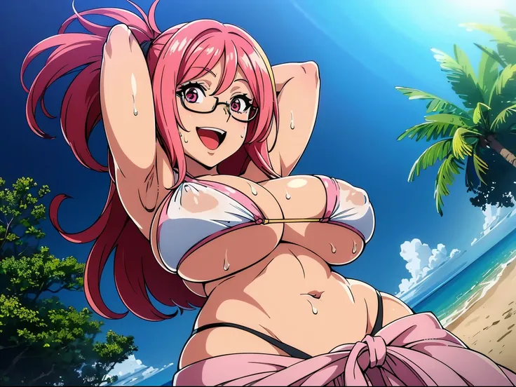 Breast Focus,From below,Looking at Viewer,((NSFW)),(hightquality、high-level image quality、masutepiece、4K,8K)、(Arms up:1.2),Phyllis syrup,eye glasses、Pink hair color、Long hair,(The bikini:1.2),(huge-breasted:1.5),Glamour、A sexy、erotick、(Beach,Sea:1.3),(;D,H...