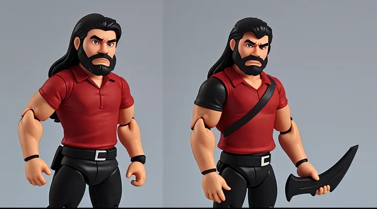 1 Man solo, he has a short black beard and he has black flowing hair. Action Figure. One solo action figure. Red shirt