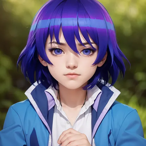 A teenage boy with short realistic blue and purple hair, (same realistic hairstyle), realistic handsome face, realistic cool expression, adapts equally realistic clothes,realistic light, realistic shadows, realistic background, good image quality, very goo...