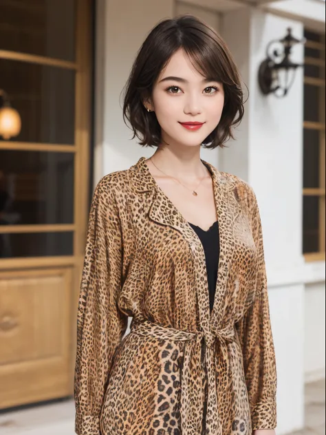 113
(a 20 yo woman,is standing), (A hyper-realistic), (high-level image quality), ((beautiful hairstyle 46)), ((short-hair)), (Gentle smile), (brest:1.1), (wild animal print clothing), (There is a chameleon), (lipsticks)