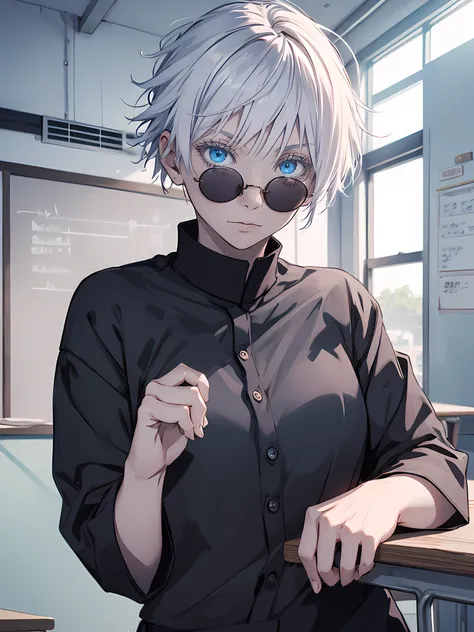 Woman, famale version, female, solo, alone, jujutsu kaisen, white hair, bungs, white eyebrows, white eyelashes, light blue eyes, detailed eyes, wearing round sunglasses, wearing black shirt, black clothing, classroom, full body, high quality, 4k resolution...