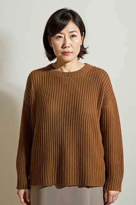 Pale solid color background,japanese mature, 40 years, governess, Slim figure, 独奏, He stands in the center of the screen and looks straight ahead with a serious expression with his mouth and eyes closed., Sweaters, skirt by the, Composition from knees to t...