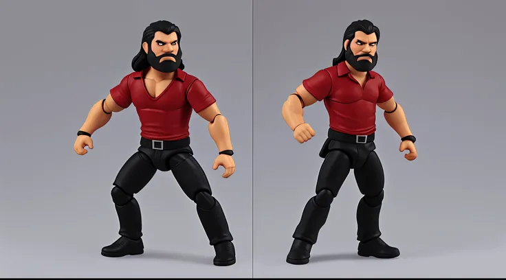 1 Man solo, he has a short black beard and he has black flowing hair. Action Figure. One solo action figure. Red shirt