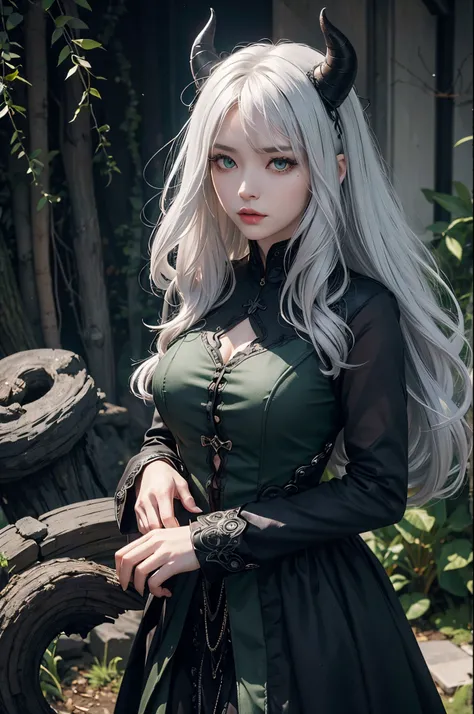 Female demon,silver hair,dark green eye,black horn,dark green and black root tree costume