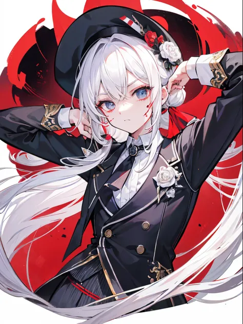 male in his 20s、white  hair、poneyTail、tailcoat、neck tie、Hats、Injured、Clothes are torn、Bandage on the arm、Blood all over the body、Blood on the face、grim facial expression、Decadent background