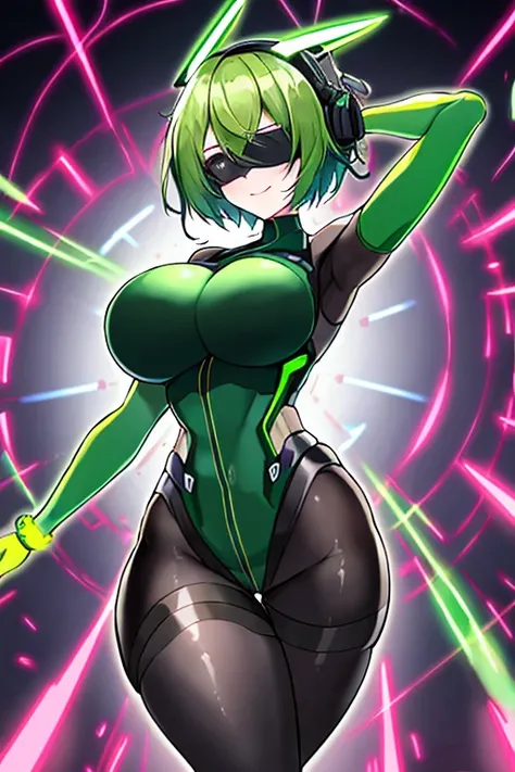 Green hair, bodysuit, short hair, tech, futuristic, science-fiction, neon trim, short hair, pantyhose, breasts, large breasts, 1girl, arms behind back, hands behind head, arms up, arms behind head, thick thighs, wide hips, anime screencap, smile, mind cont...