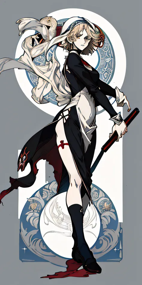 anime art nouveau, nouveau anime, flat shading mucha, nouveau art, the nun, blood, machete, sexy, dark, blonde, grumpy, tight black dress, white long socks