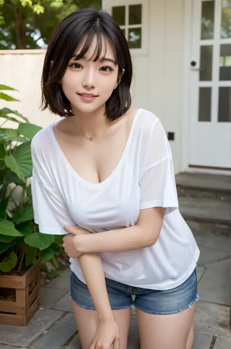 downbrouse、(leaning-forward:1.3)、(oversize tshirt、Loose-fitting T-shirt、Low Cut T-Shirt:1.2)、(top-quality、8K、32K、​masterpiece)、(Detailed bra)、japanes、28 year old、Very pretty girl、a beauty girl、crouching down、Bright smile、outside of house、shinny skin、blurry...