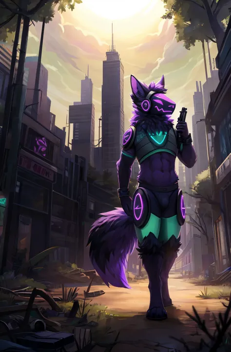 Protogen, furry art, masterpiece, great anatomy, black fur, neon purple body details, detailed background, fluffy tail, male, nature everywhere, green areas, bushes, plants, trees, roots, solo, city, big buildings, detailed illumination, apocalypse, colaps...