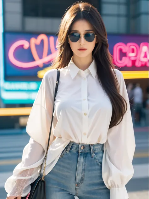 Cowgirl holding blank banner Amish costume shirt oversized pants stunning eyes stunning face cream hair gorgeous hair cowgirl costume stunning dress stunning colors stunning colors very detailed and beautiful Sunglasses on sunny background with her nerdy f...