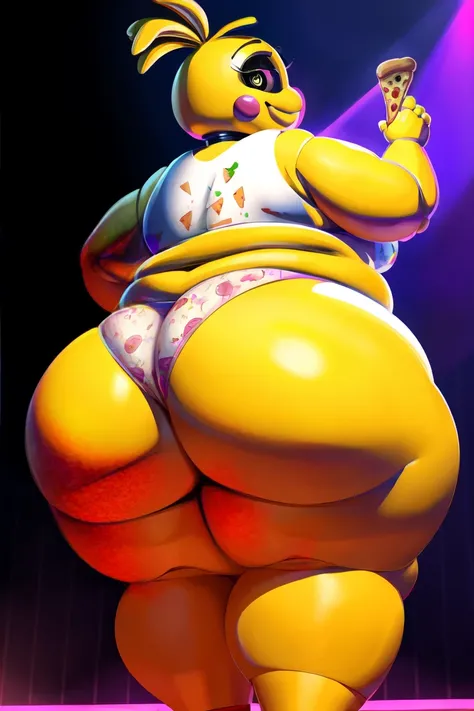 Chica from Five Nights at Freddys, ((insanely big thighs)), ((fat rolls)), ((gigantic hips)), massive lower body, (thighs several times wider than body), thighs occupy lower half of frame, ((massive thighs)), ((ssbbw)), ((obese)), plain pink panties, torn ...