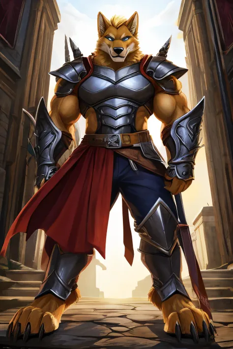 He is Valkan Frostclaw, a lupine warrior and adventurer. Standing at an impressive 68" with a robust physique, he wears comfortable clothes, making the most of the freedom provided by his light armor. Bronze pauldrons rest atop his frame, along with a hopl...