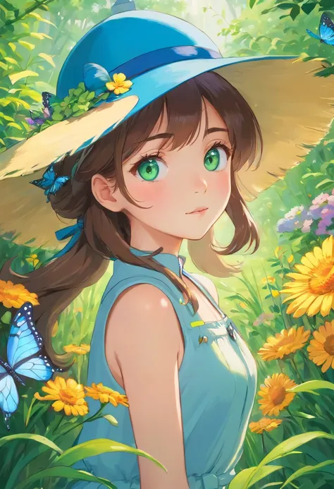 (girl,detailed eyes and face,long eyelashes:1.1,blue hat:detailed,green eyes:detailed),oil painting,beautiful garden background,flowers blooming,colorful butterfly,fresh grass,soft sunlight,best quality,realistic,vivid colors