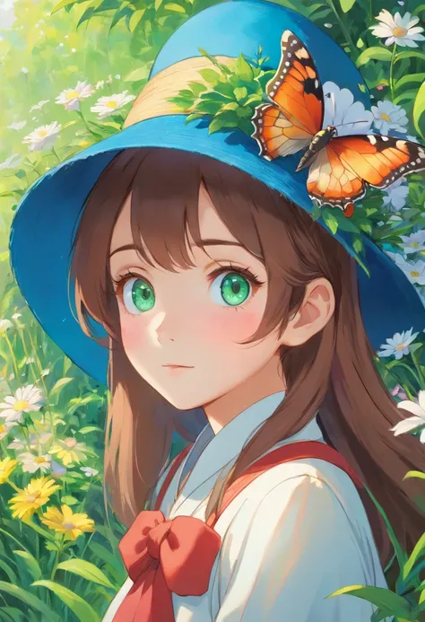 (girl,detailed eyes and face,long eyelashes:1.1,blue hat:detailed,green eyes:detailed),oil painting,beautiful garden background,flowers blooming,colorful butterfly,fresh grass,soft sunlight,best quality,realistic,vivid colors