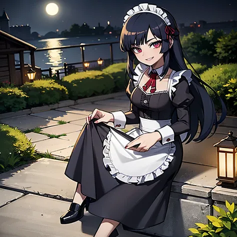 1Young woman, anime, dark blue hair, red shinning eyes, maid dress, black dress, smiling, in a garden, night, blue moonlight, mansion behind, beautiful atmosphere, 4k, masterpiece, highlights,