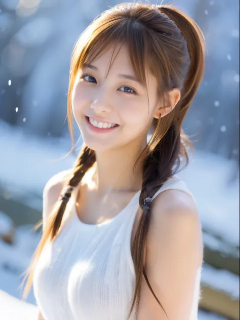 18year old, a beauty girl, FULL BODYSHOT, Smaller chest, bangss、NSFW、nudde、A smile、snowscape、poneyTail