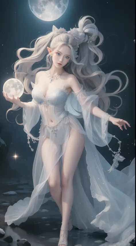 tmasterpiece，Highest image quality，Beautiful full body portrait of noble elf girl，Delicate silver hairstyle，clear sky blue eyes，A wide range of well-made jeweled gauze dresses，heeled sandals，snowy desert，Moonlight super detailed，advanced。At the Pixiv Art S...