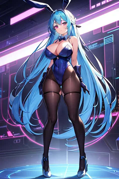 1girl, blue hair, large breasts, bunny ears, rabbit ears, wide hips, bodysuit, black bodysuit, long hair, science-fiction, tech, futuristic, machinery, full body, ((full body)), neon trim, purple eyes