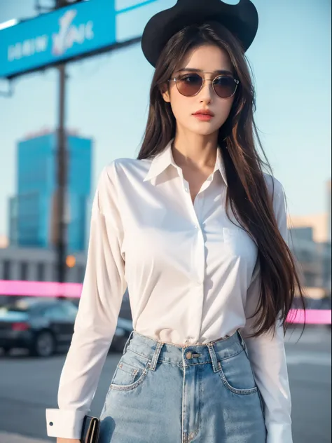 Cowgirl holding blank banner Amish costume shirt oversized pants stunning eyes stunning face cream hair gorgeous hair cowgirl costume stunning dress stunning colors stunning colors very detailed and beautiful Sunglasses on sunny background with her nerdy f...