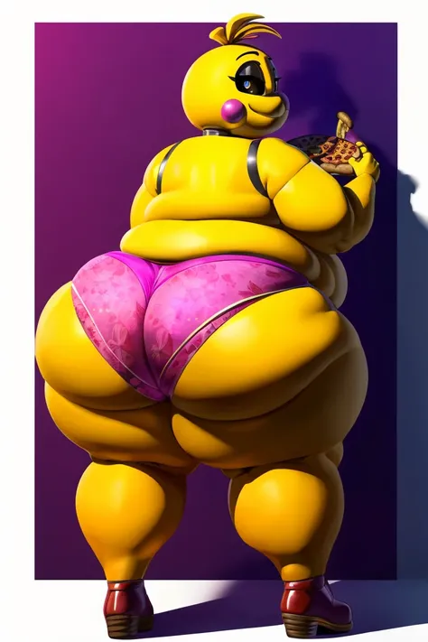 Chica from Five Nights at Freddys, ((insanely big thighs)), ((fat rolls)), ((gigantic hips)), massive lower body, (thighs several times wider than body), thighs occupy lower half of frame, ((massive thighs)), ((ssbbw)), ((obese)), plain pink panties, torn ...