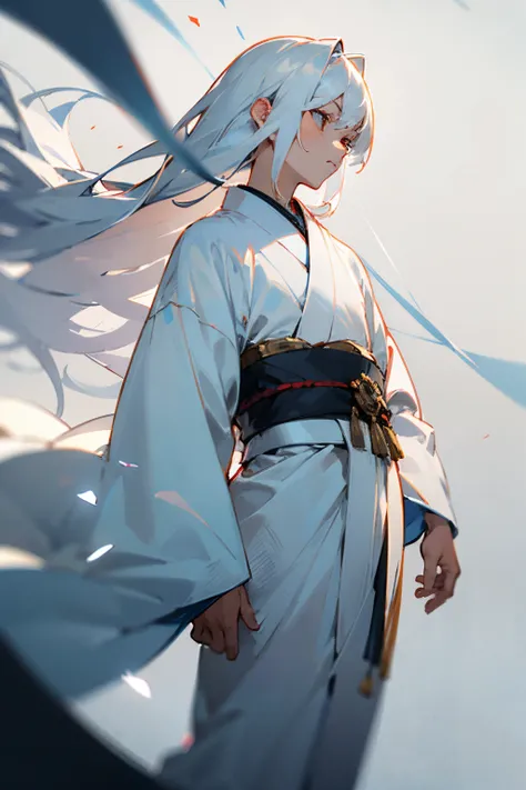 1boy, short stature, long hair, white kimono, white hair