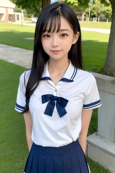 neat college girl, (school uniform, sailor uniform, ribbon tied at chest, summer clothes, upper body white, skirt dark blue, short sleeves), outside the athletic field, (slim), photorealistic, detail, skin texture, ultra detail, delicate and sexy collarbon...