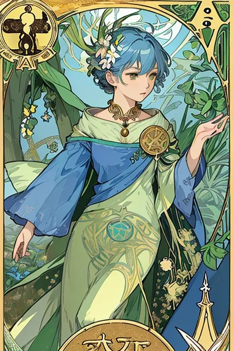 tmasterpiece、topquality、Alphonse Mucha、Jugendstil、
 (Tarot card style:1.3)、Unique Tarot Card Structure, including floral and green elements、Upper torso、looking at the viewers、
In the middle of a green garden、The Mysterious Girl 、Dance with Unearthly Creatu...