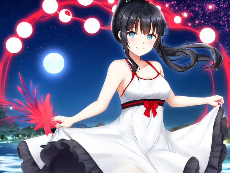 A beautiful girl with black hair in a ponytail and blue eyes smiles against the backdrop of the night lake and two moons.She wears a white dress with red flower decorations.