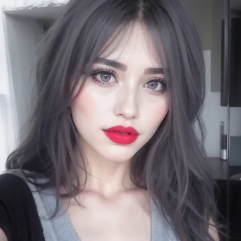 arafed woman with long dark hair and red lipstick posing for a picture, sexy face with full makeup, faint red lips, red lipstick on face, with dark grey hair, grey contacts, light-red lips, dark gray hair, dark hair and makeup, red lips, perfect face ), bi...