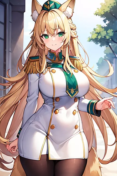 1girl, large breasts, thick thighs, wide hips, blonde hair, long hair, fox ears, green eyes, fox tail, oolice, oolice hat, policewolan, white uniform, white clothes, pantyhose, smile, epaulettes, thigh strap