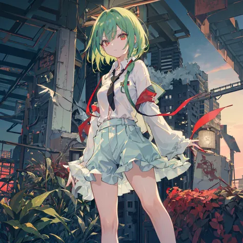 1girl in, 独奏, Lori, 小柄,(Night_skyporn), (very_Curta_Green_hair), Hairstyle Bob(Red_Eyes), Medium_breasts, (white_Shirt:1.5), (windbreaker), (portlate), blazing_Eyes, Background_light, (Cityscape:1.5), (neons_A light:1.2), (scienc), cyberpunked, ((​masterpi...