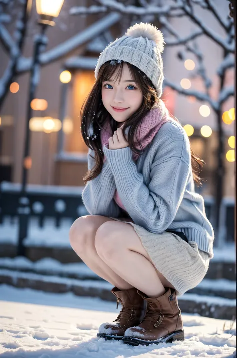 (masutepiece:1.3, Photorealsitic:1.4, 8K), top-quality, ​masterpiece, 超A high resolution, Perfect dynamic composition, Highly detailed skin and facial texture:1.3, A detailed eye, Detailed limbs, Winters, (snowflakes falling:1.2), Snowfall landscape at nig...