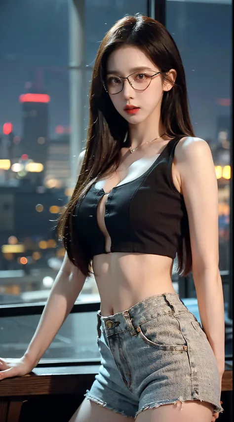 ((4k)),((masterpiece)),(best quality),((ultra detailed)), ((beautiful night city view background)), indoors,((cinematic lighting)), depth of field, (dynamic angle),((beautiful detailed eyes), ((dynamic pose)), pretty face, red lip, medium boobs, ((aespakar...