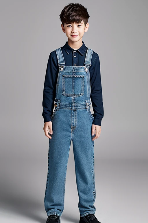 A boy wearing denim coveralls.