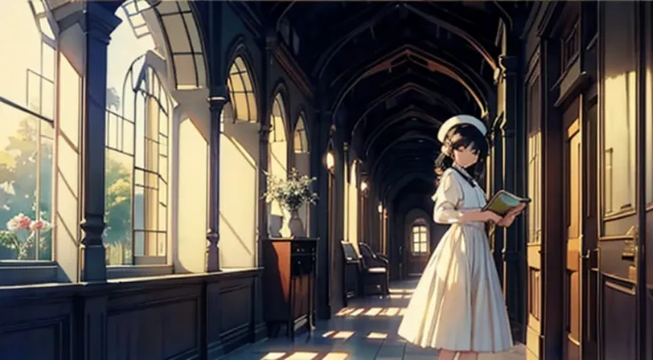 (Watercolor in Sargent style)、(top-quality、​masterpiece)、(David Hamilton Style)、(softfocus)、Cinema Angle、ciinematic light、Soft light、1girl in、17 age、A stunning、Short black hair、校服、beret、long  skirt、small tits、tiny chest、Carry a book with you、Perfect hands、...