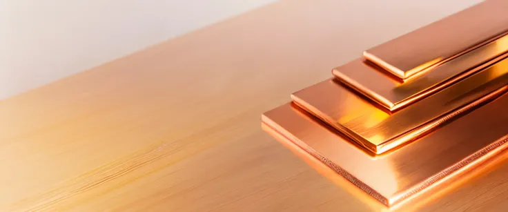 Close-up of a pile of copper bars on a white table in a workshop, copper cladding, copper, Copper element, Copper details, Material Brass & copper gold, detailed product photo, Control board, The lines are clear and smooth, Bronze material, copper and bras...