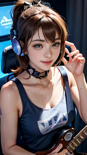 girl, blue eyes, Esport kitty headphones, light brown hair, playing guitar, holding guitar, tanktop, sitting on gaming chair, in a streaming room, smiling, realistic fingers, high texture hands