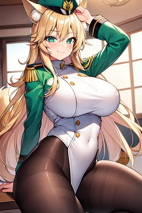 1girl, large breasts, thick thighs, wide hips, blonde hair, long hair, fox ears, green eyes, fox tail, police, police hat, policewolan, white uniform, white clothes, pantyhose, smile, smirk, smug, black pantyhose