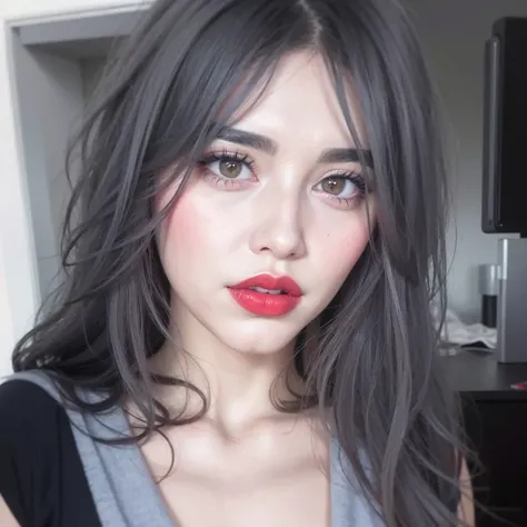 arafed woman with long dark hair and red lipstick posing for a picture, sexy face with full makeup, faint red lips, red lipstick on face, with dark grey hair, grey contacts, light-red lips, dark gray hair, dark hair and makeup, red lips, perfect face ), bi...