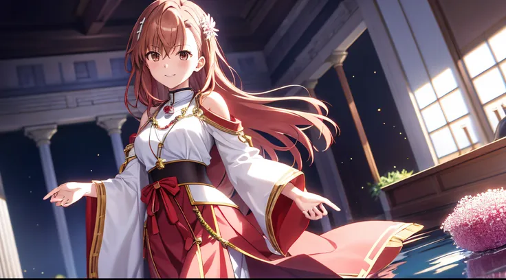 Anime view of Misaka mikoto, 1girl, teen girl, kawaii, solo, chestnut hair, hairpin,brown eyes, standing, looking at viewer,smile,saint red robe with beads,praying beads on neck, long skirt,white marbled greek Acropolis flower garden,anime style,deep depth...