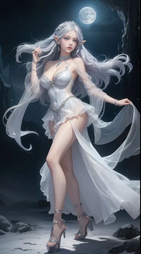 tmasterpiece，Highest image quality，Beautiful full body portrait of noble elf girl，Delicate silver hairstyle，clear sky blue eyes，Various well-made jewelry gauze skirts，heeled sandals，snowy desert，Moonlight super detailed，advanced。At the Pixiv Art Station，Br...